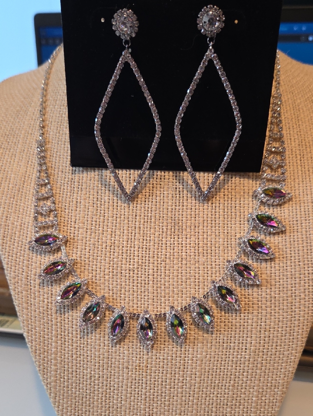 Silver-Tone Multicolor Crystal Necklace and Earrings Set